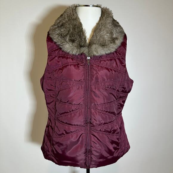 Exertek Maroon Faux Fur Trim Puffer Vest Full Zip Lightweight Womens Size Large - Picture 1 of 12